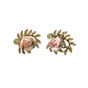 Vintage Ceramic Pink Rose Pierced Earrings